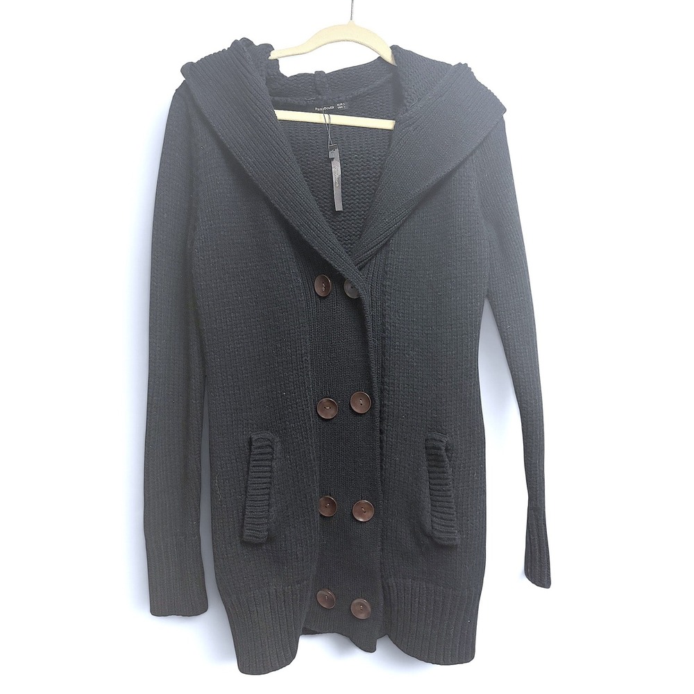 PattyBoutik Double Breasted Hooded Cardigan Black Sweater Knit Large NWT